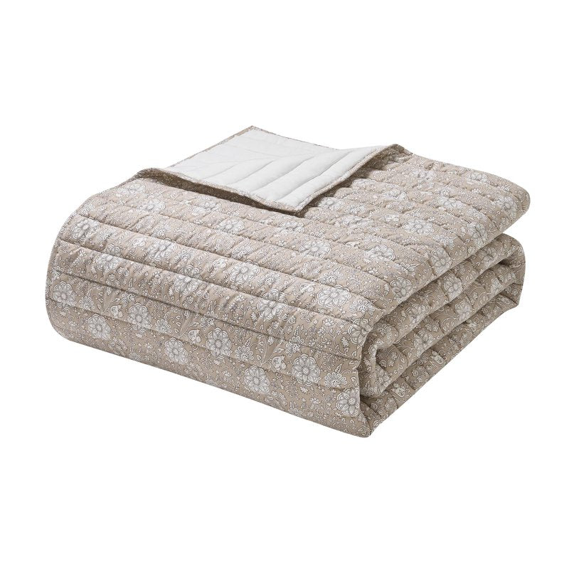 Full/Queen Floral Quilt Set with Pickstitch Stripes - Taupe 3-Piece Bedding