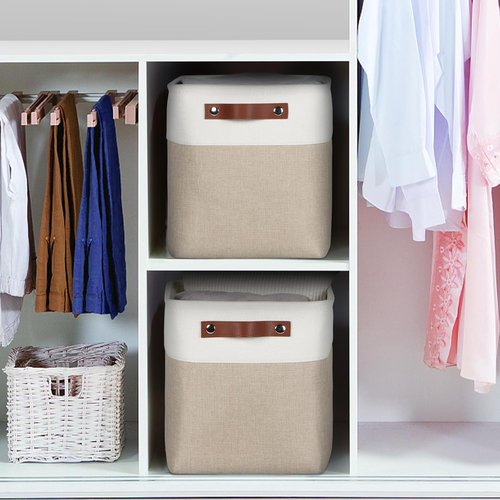 Kntiwiwo Fabric Storage Cubes - Foldable 10.5”x10.5”x11” Closet Organizers | 6-Pack Beige with PU Leather Handles
