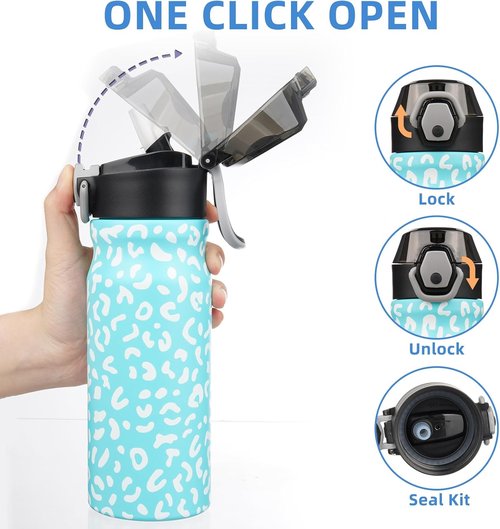 BJPKPK Insulated Water Bottle - 18oz Stainless Steel Flask with Straw & Carry Handle | Sky Blue Leopard
