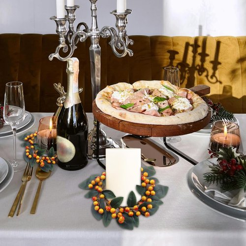 Brihasory Orange Berry Fall Candle Rings Wreaths Set of 2, Small Christmas Wreath 7 Inch Wide with 3 Inch Center Thanksgiving Table Decor Halloween Candle Holders for Table Centerpieces(2PCS)
