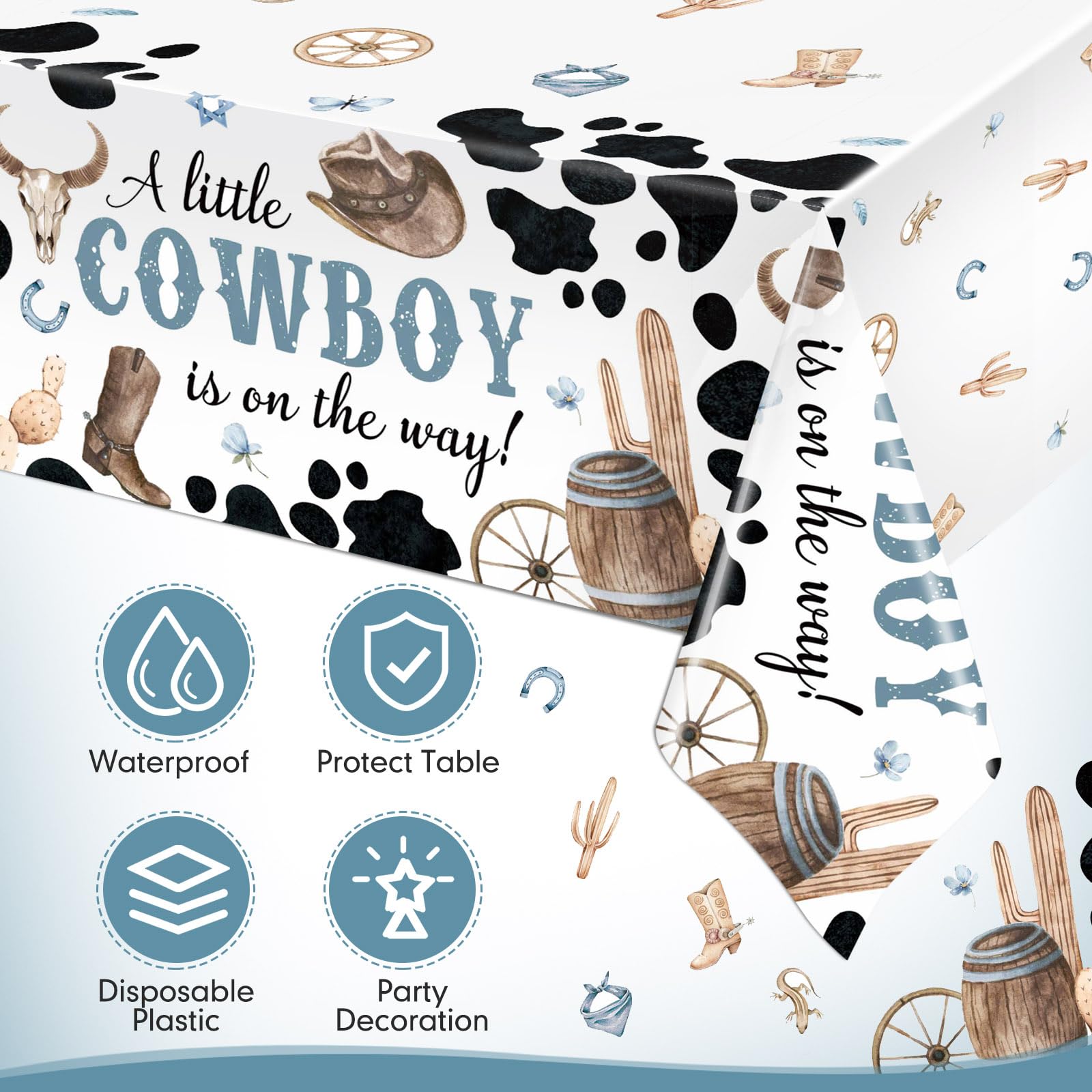 Ganeen 3 Pcs Western Cowboy Party Decorations Cowboy Tablecloth Disposable Plastic Table Cover Waterproof Tablecloth for Western Rodeo Baby Shower Birthday Party Decor, 54 x 108 Inch