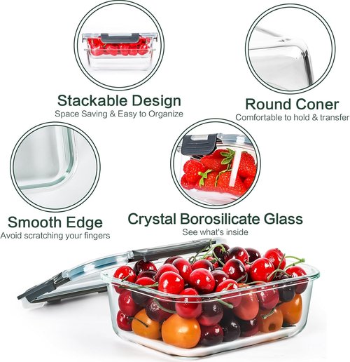CEKEE Glass Meal Prep Containers - Airtight 36 OZ Food Storage Set | 5 Pack, Microwave & Dishwasher Safe