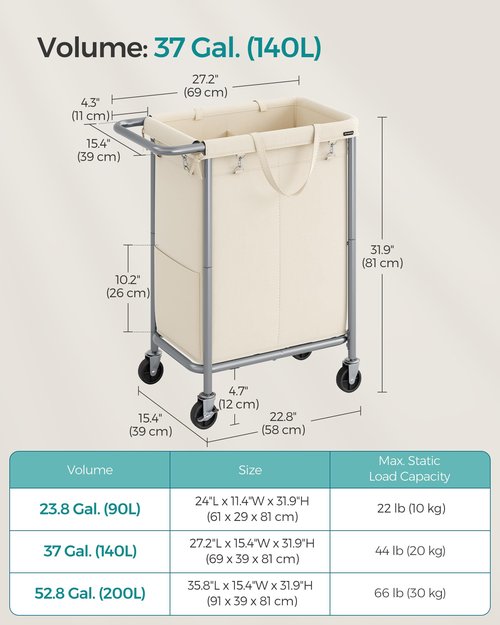 SONGMICS Laundry Basket with Wheels, 2-Section Rolling Laundry Hamper, 37 Gallons (140 L), Removable Liner, Steel Frame with Handle, 27.2 x 15.4 x 31.9 Inches, Cream White URLS004W01