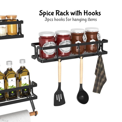 Cvesqkxr 3 Pack Spice Rack Wall Mount With Paper Towel Holder and Hooks, Screw or Adhesive Hanging Spice Shelf,Space Saving Spice Organizer for Seasonings, Spice Racks for Stove,Cabinet, Pantry Black
