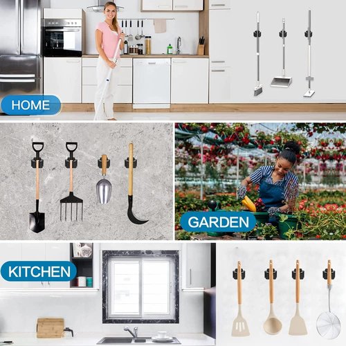 JAMEND Heavy-Duty Broom and Mop Holder | 6-Piece Stainless Steel Garden Tool Organizer - Matte Black