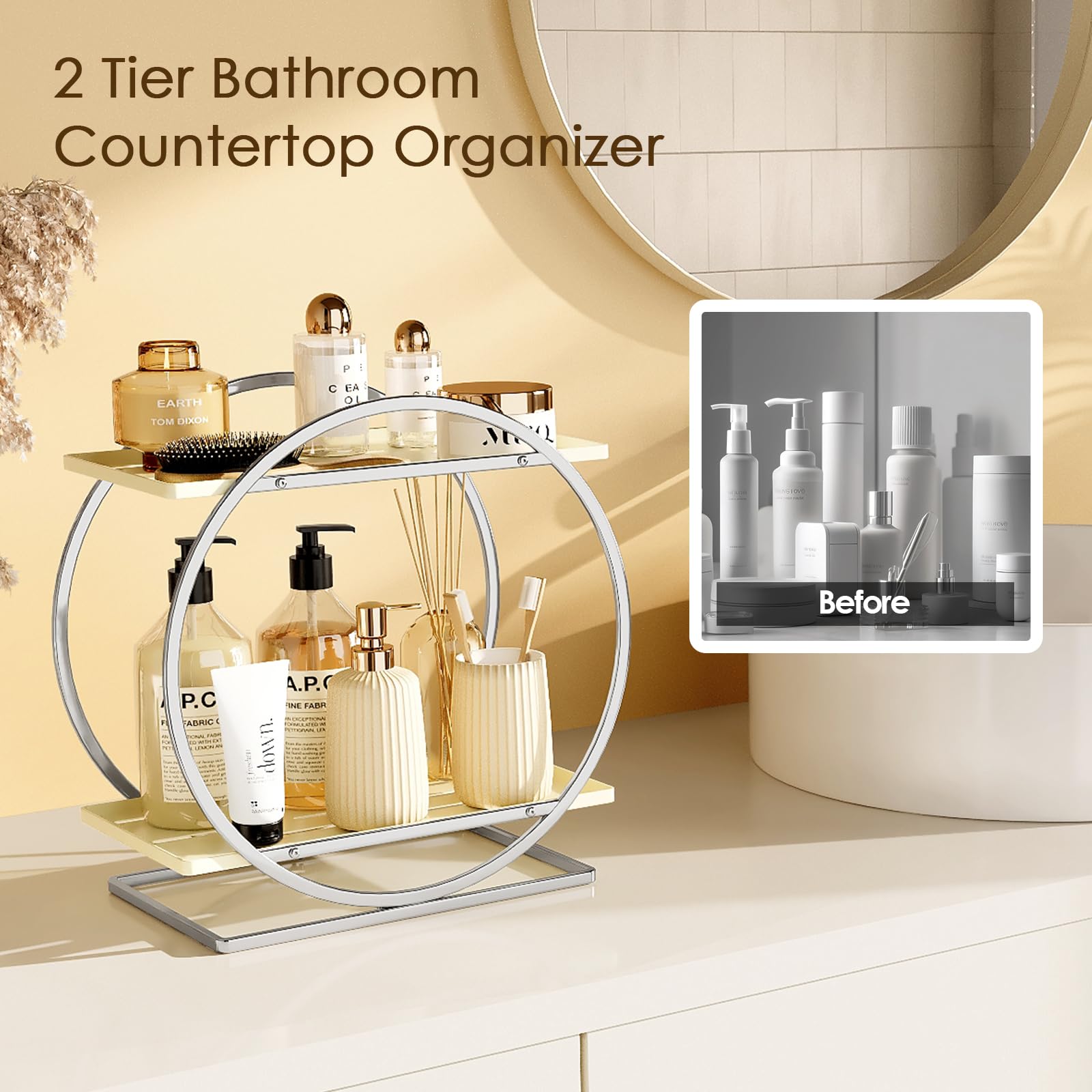 YIWANFW Perfume Organizer for Dresser, 2-Tier Bathroom Counter Organizer, Elegant Makeup Organizer for Vanity, Multi-Purpose Cosmetics Skincare Organizers Countertop (Silver Frame & Cream White Tray)
