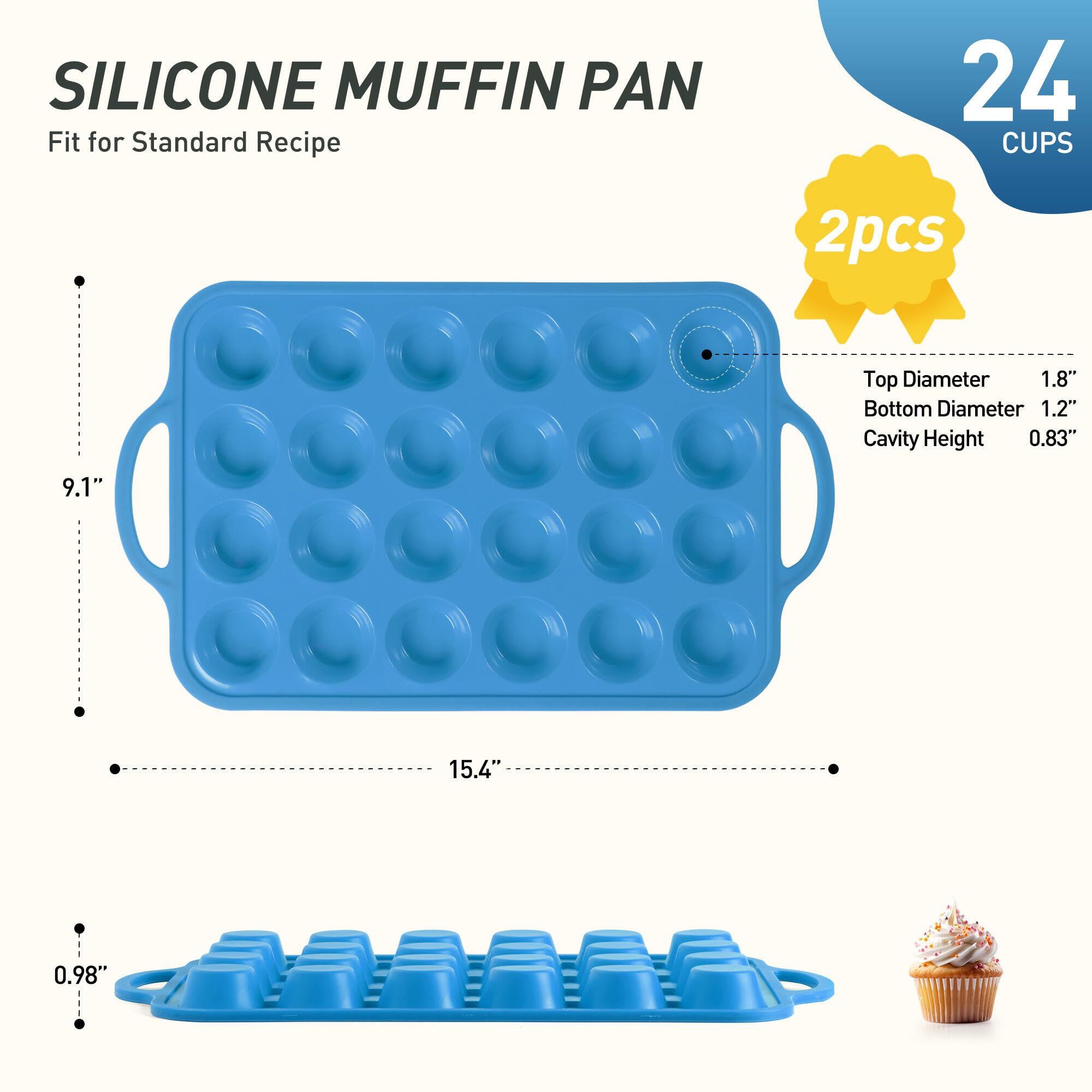 2 Packs 24 Cups Silicone Muffin Pan with Metal Reinforced Frame Mini Size Cupcake Pan Tray Egg Bites Silicone Circle Cookie Molds Muffin Tin Tart Pans Baking Sheet Set for Breakfast Sandwiches