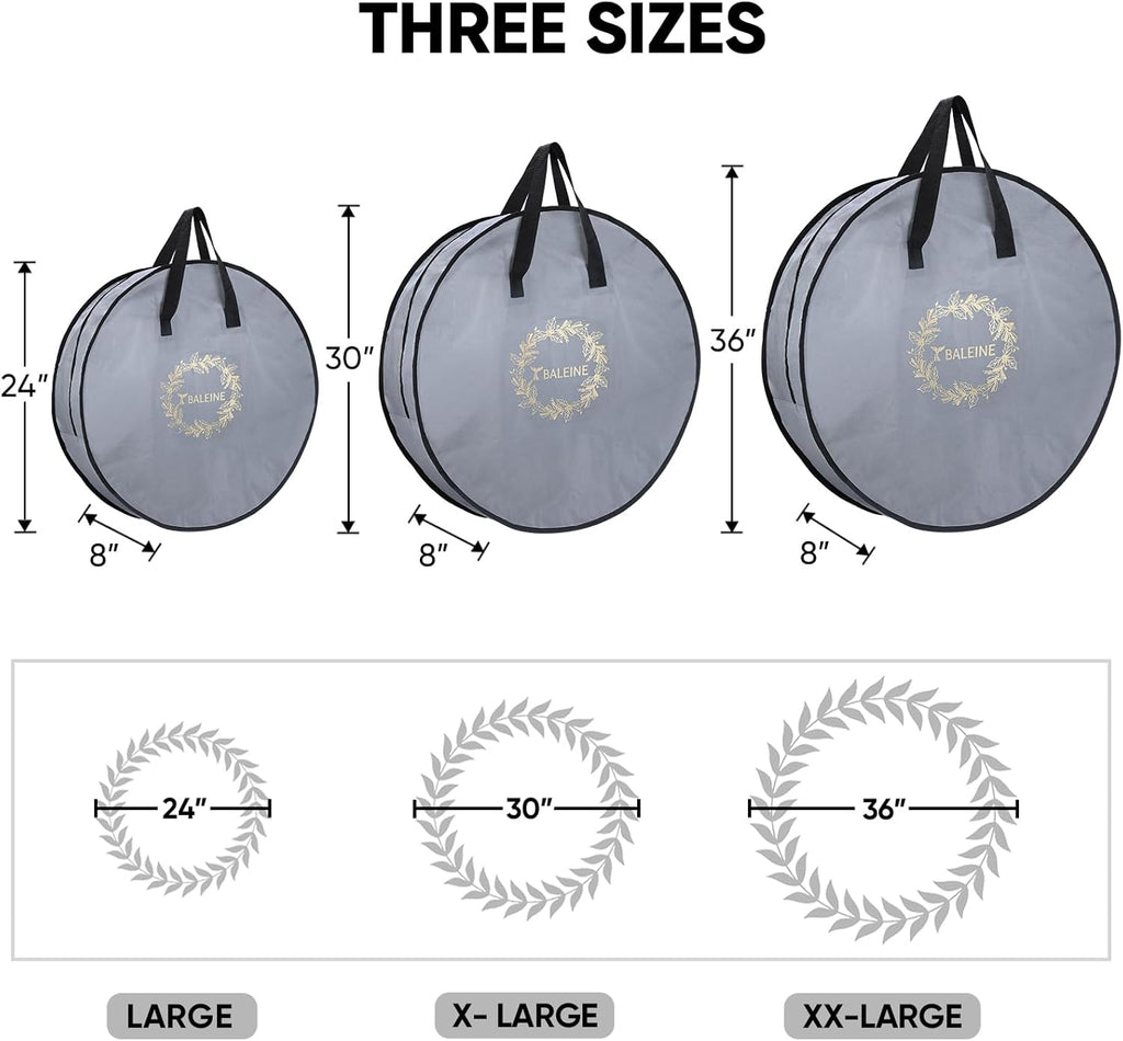 BALEINE Wreath Storage Bag - 2 Pack Christmas Wreath Container with Reinforced Handle (Grey, 30" x 8")