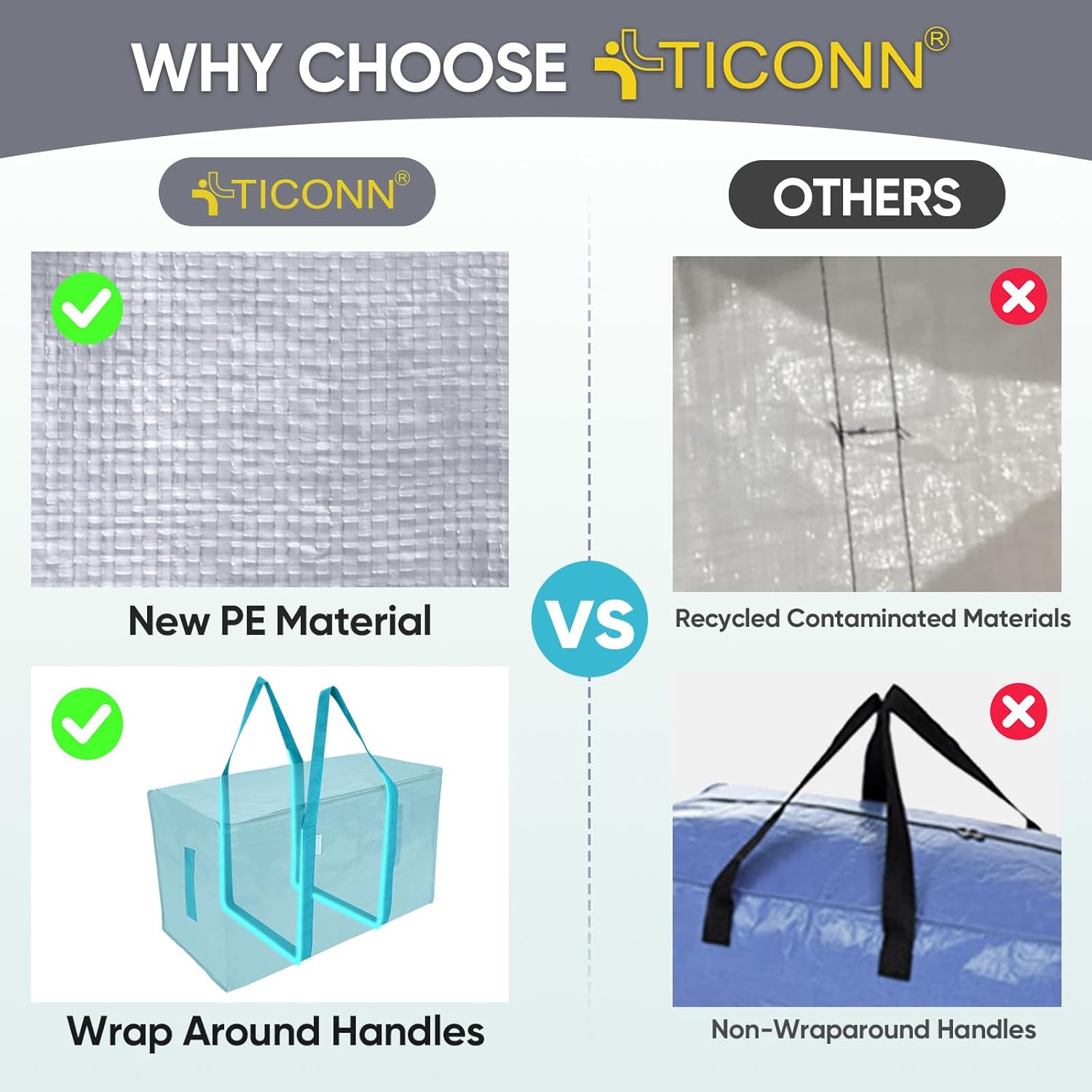 TICONN Extra Large Moving Bags - Heavy Duty with Zippers & Handles | Durable Storage Solution (8 Pack, Aqua)