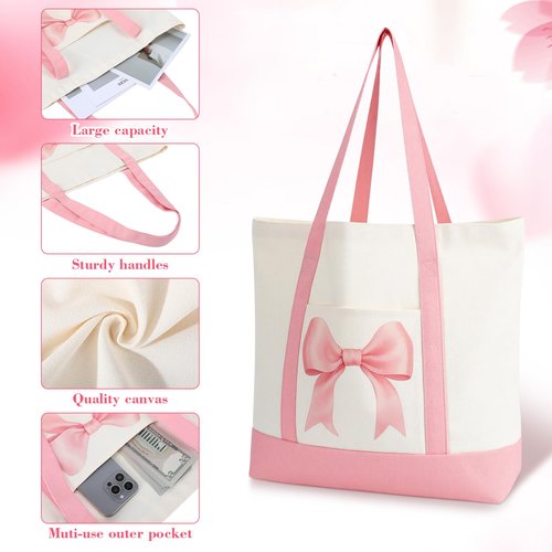 Sanwuta 12 Pcs Coquette Pink Bow Preppy Canvas Tote Bags for Women Valentine Day Large Aesthetic Canvas Bag with Pocket Reusable Grocery Shopping Tote Gifts for Work Beach Travel