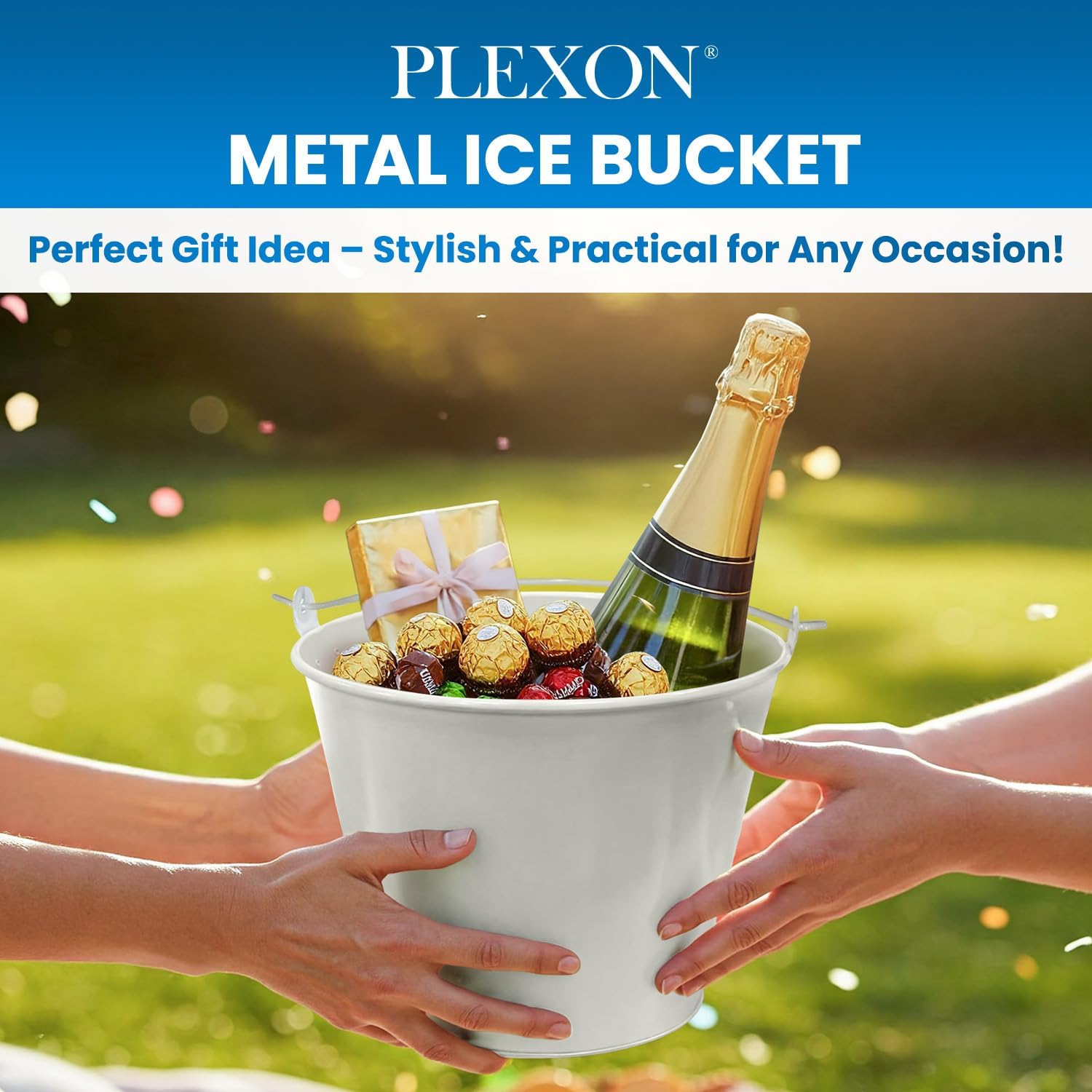 PLEXON Ice Bucket for Parties Coctail Bar Restaurant - Drink Beer Champagne Metal Pail Bucket with Handle, Beverage Chiller, Galvanized Steel, Set of 3