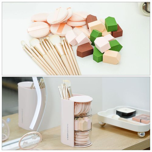 FABROK 3-Layer Clear Hair Accessories Organizer with Hair Brushes Holder, Rotatable Small Jewelry Box for Hair Clip Earring Necklaces, Desktop Organizer Case for Cotton Swab, Hair Accessories(Pink)