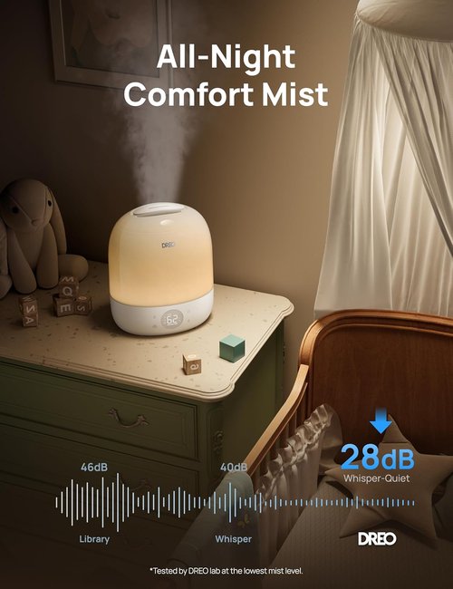 DREO Cool Mist Humidifier - Ultra Quiet 28dB with 30H Runtime & RGB Night Light | Smart Top Fill for Bedroom & Nursery