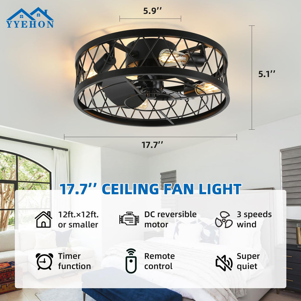 YYEHON 17.7" Caged Ceiling Fan with Light and Remote Control, Flush Mount Bladeless Chandelier Fan, Low Profile Fandelier for Bedroom, Dining Room, Living Room, Kitchen