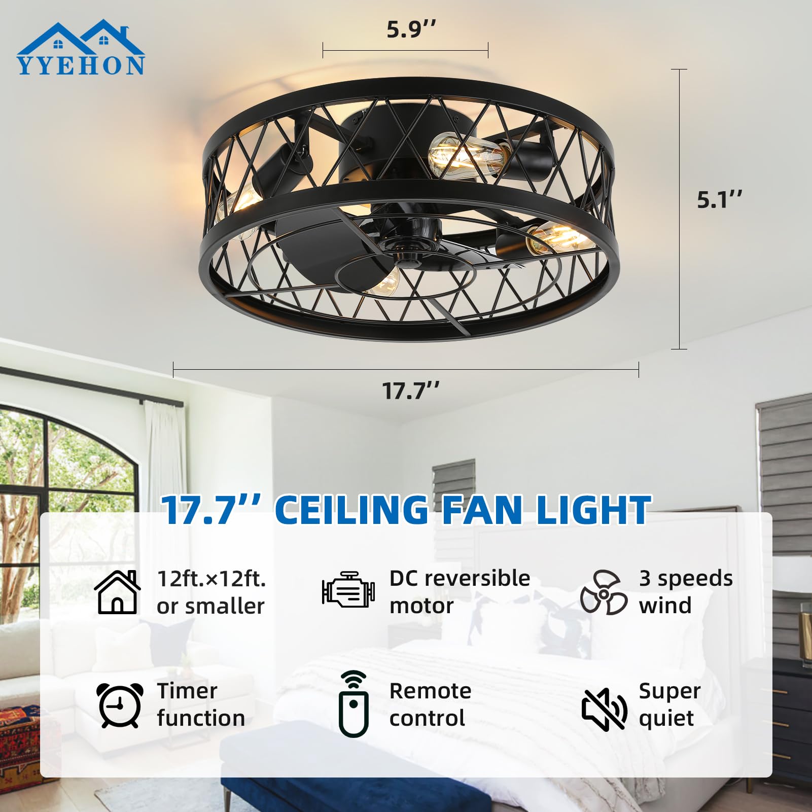 YYEHON 17.7" Caged Ceiling Fan with Light and Remote Control, Flush Mount Bladeless Chandelier Fan, Low Profile Fandelier for Bedroom, Dining Room, Living Room, Kitchen