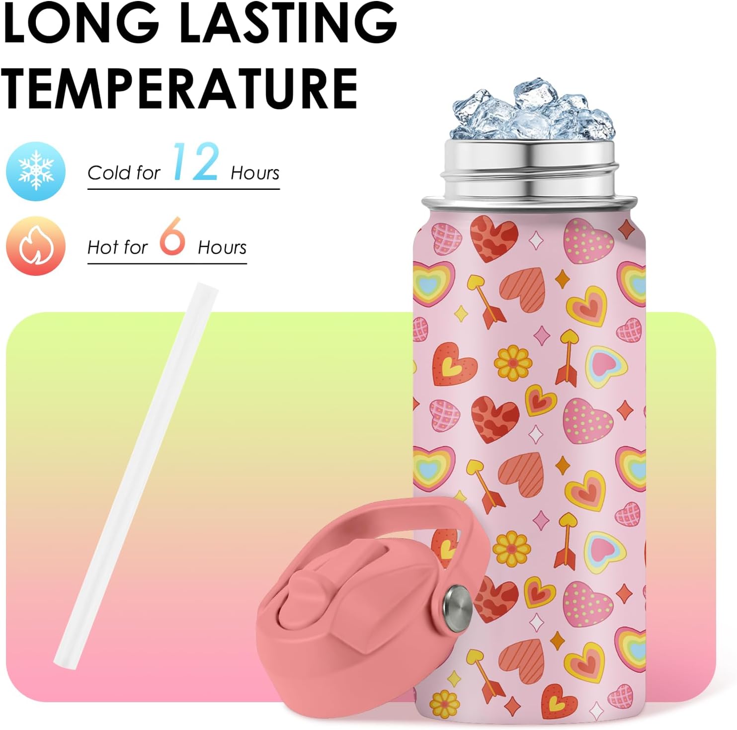 Skiennix Heart Pattern Kids Water Bottle - 16 Oz Stainless Steel Insulated Tumbler, Leak Proof, BPA-Free, Perfect for School & Travel