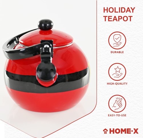 Home-X Santa Claus Whistling Tea Kettle - Porcelain Coated Stainless Steel Tea Kettle for Boiling Water - Cute Red Teapot for Stovetop - 2-Liter Capacity, 9"L x 7"W x 9"H Whistling Teapot
