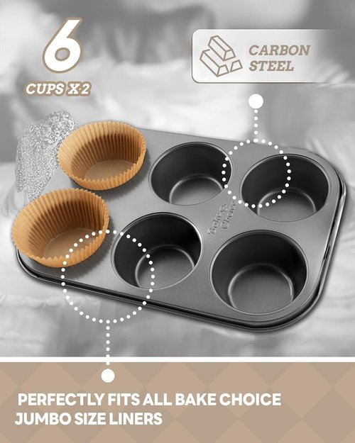 Bake Choice Jumbo Muffin Pan Set - Nonstick 6-Cup Baking Pans with 50 Natural Cupcake Liners