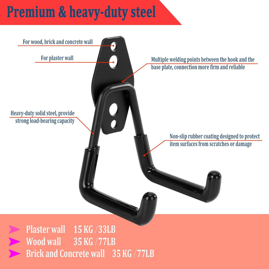 Skiennix Garage Hooks - Heavy Duty Wall Mount Tool Organizer for Ladders, Bikes & Garden Tools | 4 Pack