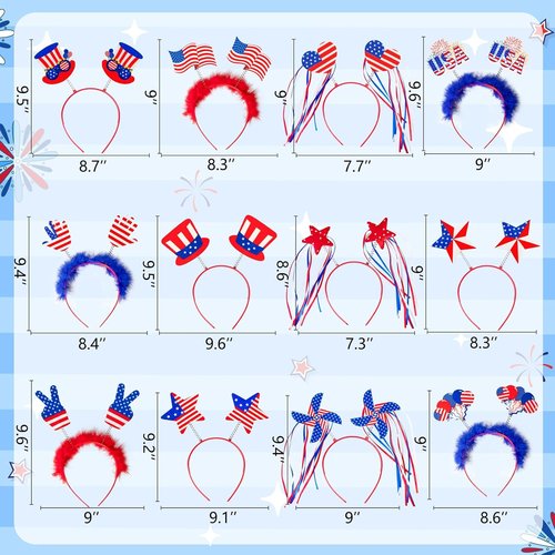 Moon Boat 12PCS 4th of July Headbands - Patriotic Red, White & Blue Party Accessories for Independence Day