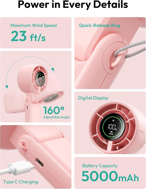 Aecooly Portable 3-in-1 Turbo Handheld Fan - USB Rechargeable Mini with 22H Cooling Time | Pink