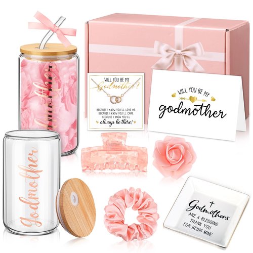 Honeydak 8 Pcs Godmother Proposal Gift Set Will You Be My Godmother from Godchild 16oz Glass Cup Necklace Trinket Ring Dish Gift Box for Mother's Day Easter Birthday Baptism(Rose Gold)