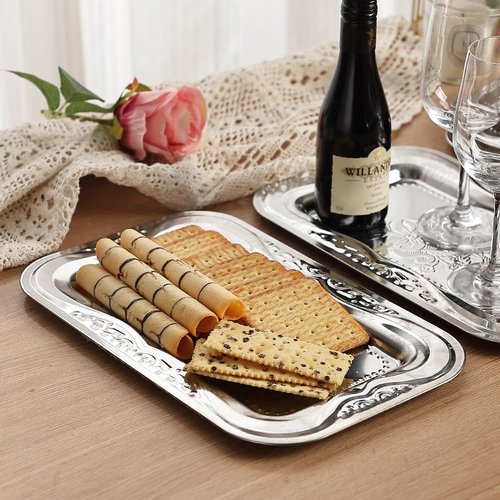 4-Pack Silver Serving Trays Set - ZENOVLUX Lightweight Bow Floral Engraved Mirror Decorative Tray, 13.8" x 8.7" Party Platters for Valentine's Day, Food, Appetizer, Charcuterie, Cookies, Desserts
