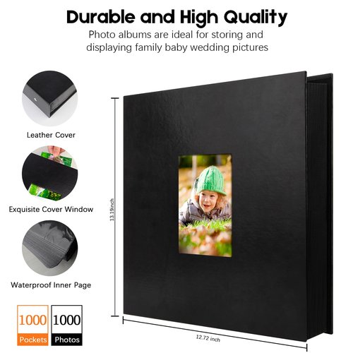 1000 Pocket Photo Album 4x6 Leather Cover, Extra Large Capacity Holds 1000 Horizontal and Vertical Photos, Acid Free Non Stick Pages with Front Window, Perfect for Wedding Family Baby Memories (Black)