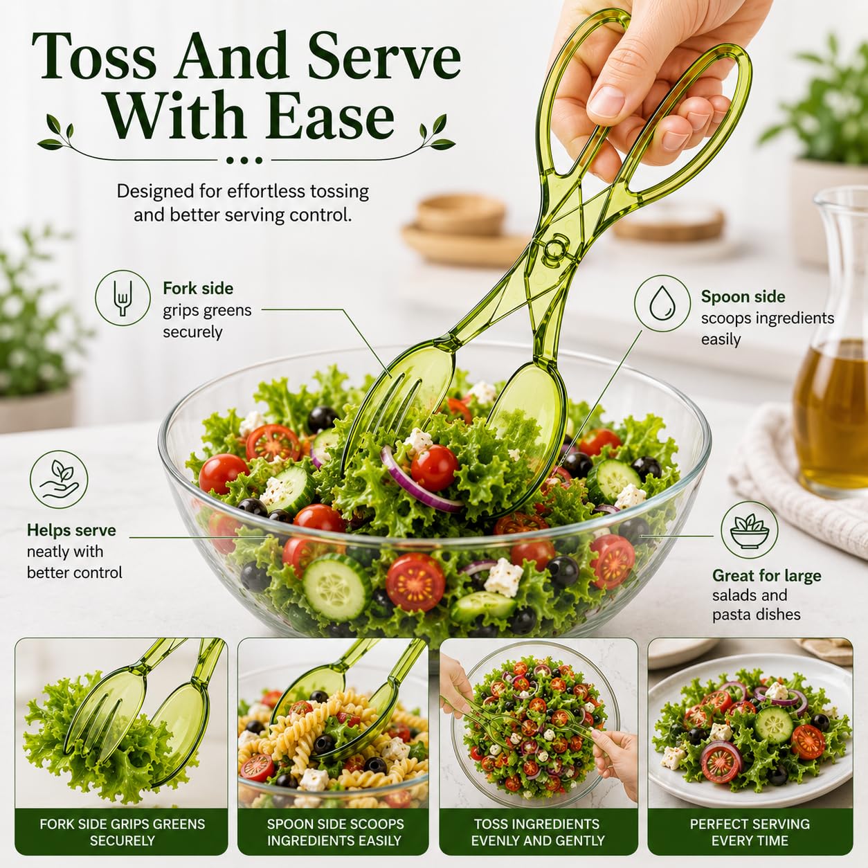 HIC Kitchen Salad Tong, Hinged Design, Detachable Fork and Spoon Green