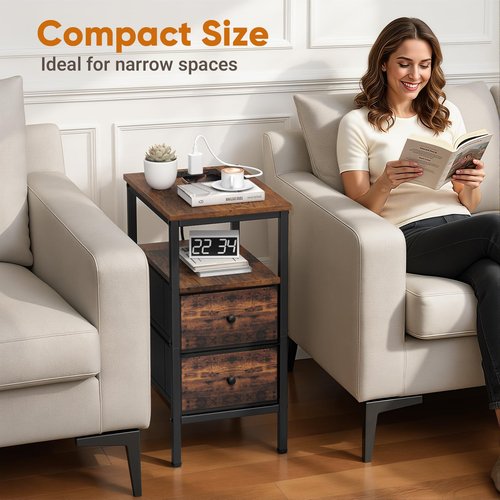 Lewondr End Table with Charging Station and LED Light, Narrow Side Table with 2 Fabric Drawers, Thin Nightstand with USB Ports for Bedside, Bedroom, Living Room, Small Spaces