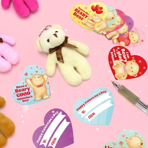 Giaueoa 28 Pack Valentines Day Gifts for Kids with Bears Plush Toy, Valentine's Greeting Cards for Kids Classroom Exchange, Prize Supplies