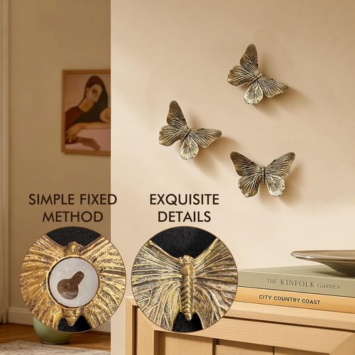 GUSFREUD 3D Butterfly Wall Decor Set - Antique Copper Resin Decorations for Living Room & Bedroom | Set of 3