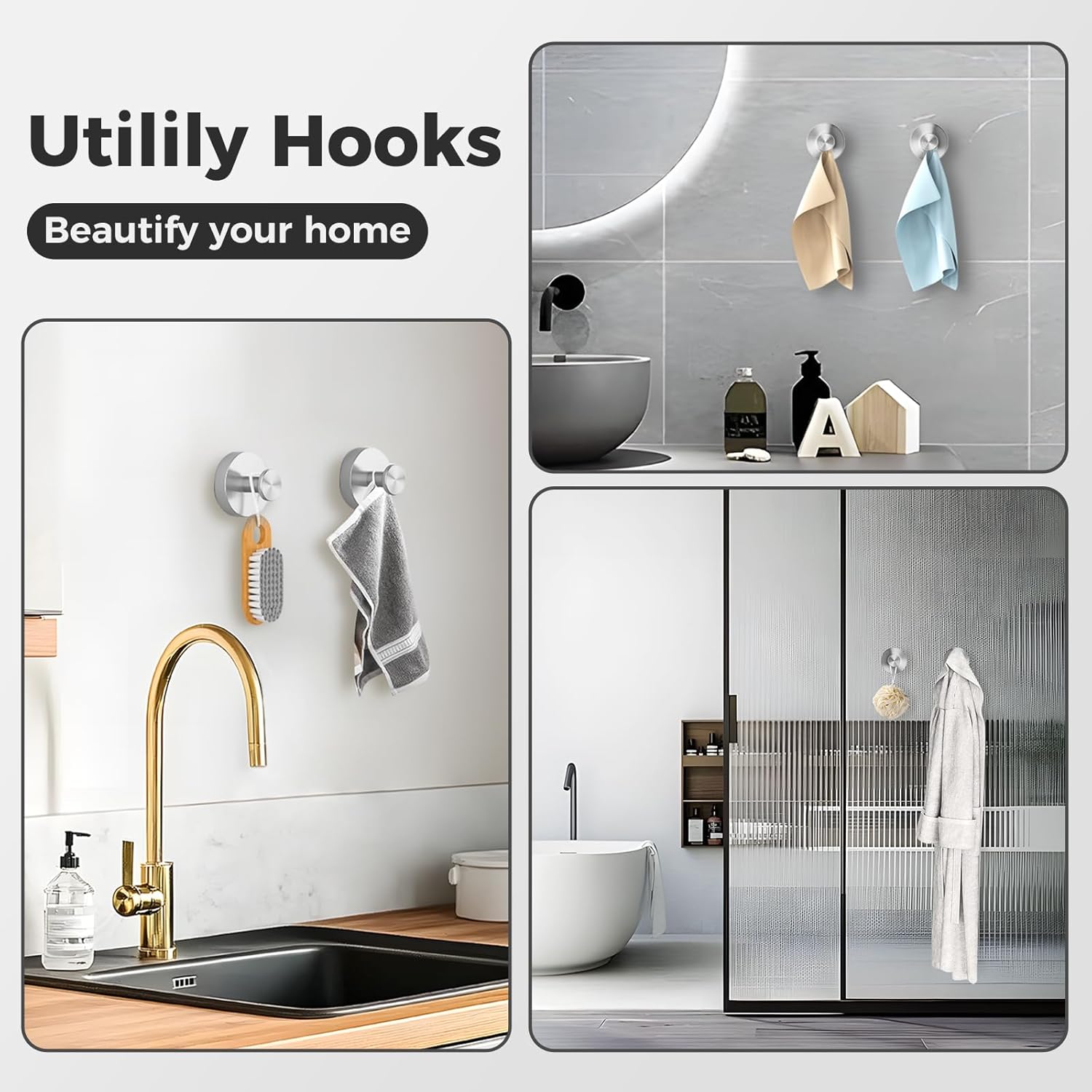 Skiennix Shower Hooks - Removable Suction Cup Hooks for Glass Windows | 4-Pack Silver