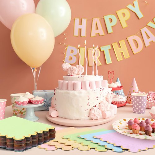 Layhit 150 Pack Pastel Napkins Scalloped Tea Party Napkins with Gold Foil Disposable Ice Cream Party Supplies for Dinner Birthday Wedding Cocktail Beverage Festival(Rainbow Color)