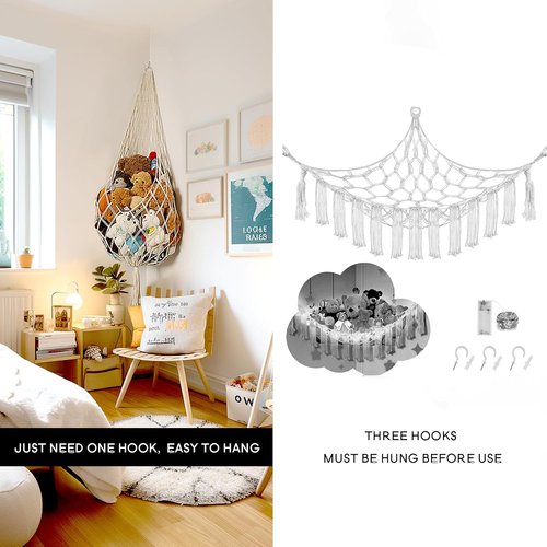 Amdermi Stuffed Animal Storage Hammock - 60" Macrame Toy Organizer for Kids' Room | Cream Color