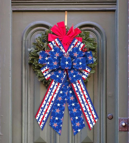 Hying Large Patriotic Wreath Bows - Red & Blue Striped Burlap with American Stars | Perfect for 4th of July & Memorial Day Decorations