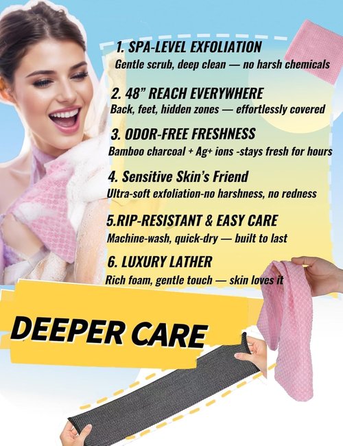 BLISSALRK Exfoliating Shower Towel 48",Premium Scrub Wash Cloth for Body Face, Exfoliating Washcloth for Men and Woman (1, Black+Pink)