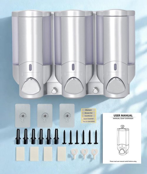Shampoo and Conditioner Dispenser Wall Mounted - Adhesive Wall Mount Soap & Shampoo Organizer with Leakproof Pumps - Space Saving Bathroom Storage (16oz) -Silver
