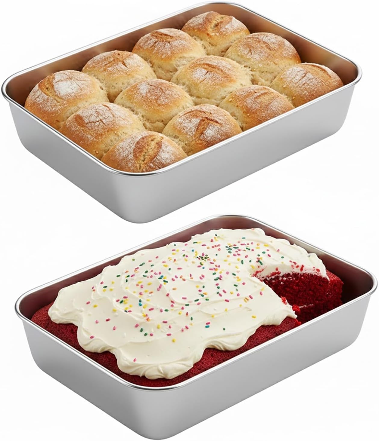 Stainless Steel Baking Pan Set by [Brand Name] - 2 Pack Rectangular Cake & Roasting Pans | Oven & Dishwasher Safe, 9.84 x 7.87 x 2 Inches