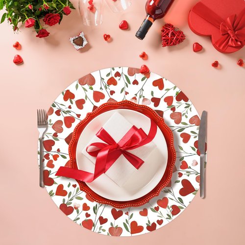 SMUAENSS 50Pcs Valentine's Day Disposable Round Paper Placemats - Red Pink Heart Wreath Design, Valentine's Day Dinner Table Mats Wedding Anniversary Party Table Decor