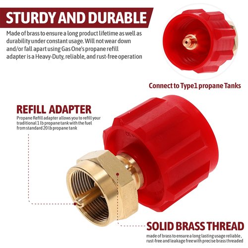Gas One Propane Refill Adapter and 4ft Hose Adapter 1lb to 20lb - Cylinder with Type 1 - Fits All 1 LB Throwaway Disposable Cylinder