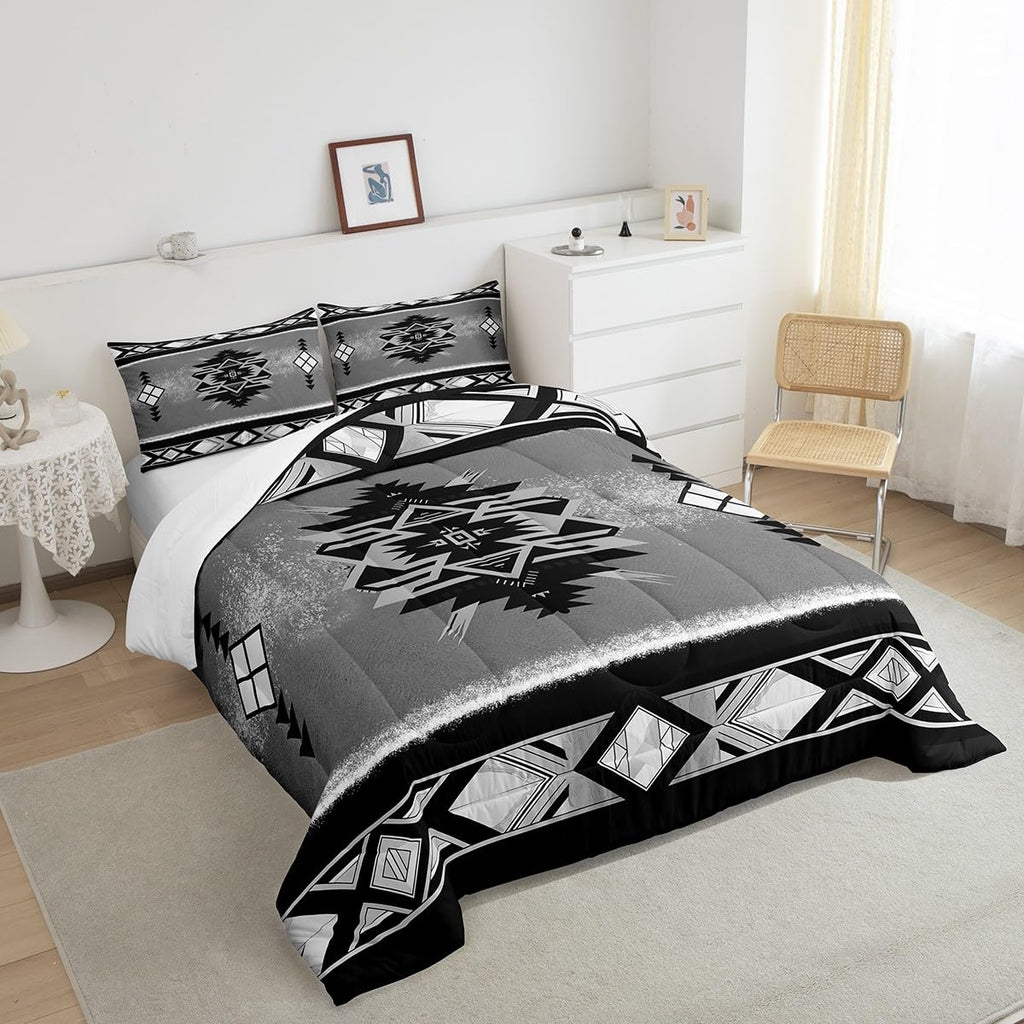 Manfei Tribal Ethnic Comforter Set Queen Size, Southwestern Native American Tribal Quilt Set with 2 Pillowcases, Abstract Geometric Bedding Set 3pcs for Kids Boys Lightweight Duvet Insert
