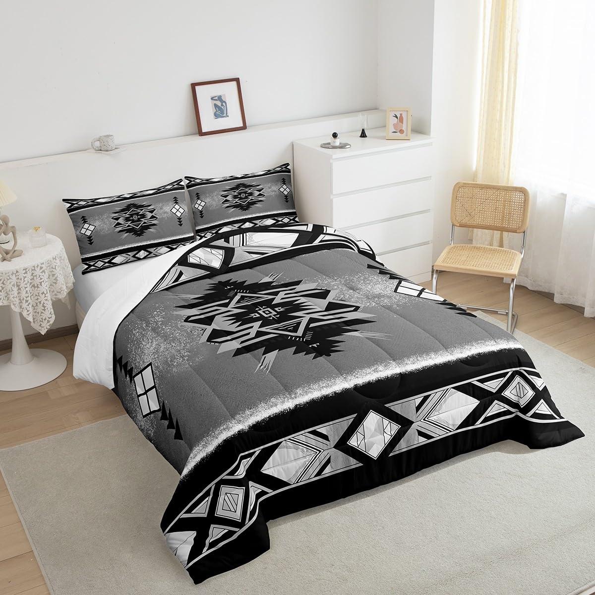 Manfei Tribal Ethnic Comforter Set Queen Size, Southwestern Native American Tribal Quilt Set with 2 Pillowcases, Abstract Geometric Bedding Set 3pcs for Kids Boys Lightweight Duvet Insert