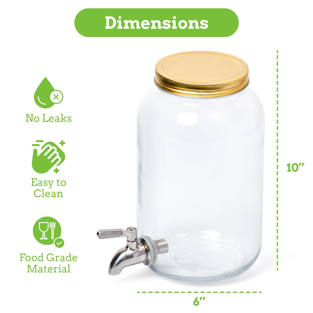 1 Gallon Kombucha Glass Beverage Dispenser with Spigot - Wide-Mouth - Glass Drink Dispenser Parties & Home Use and Lid for Juice, Wine, and Cold Drinks - Punch Dispenser - 10"x6"x6"