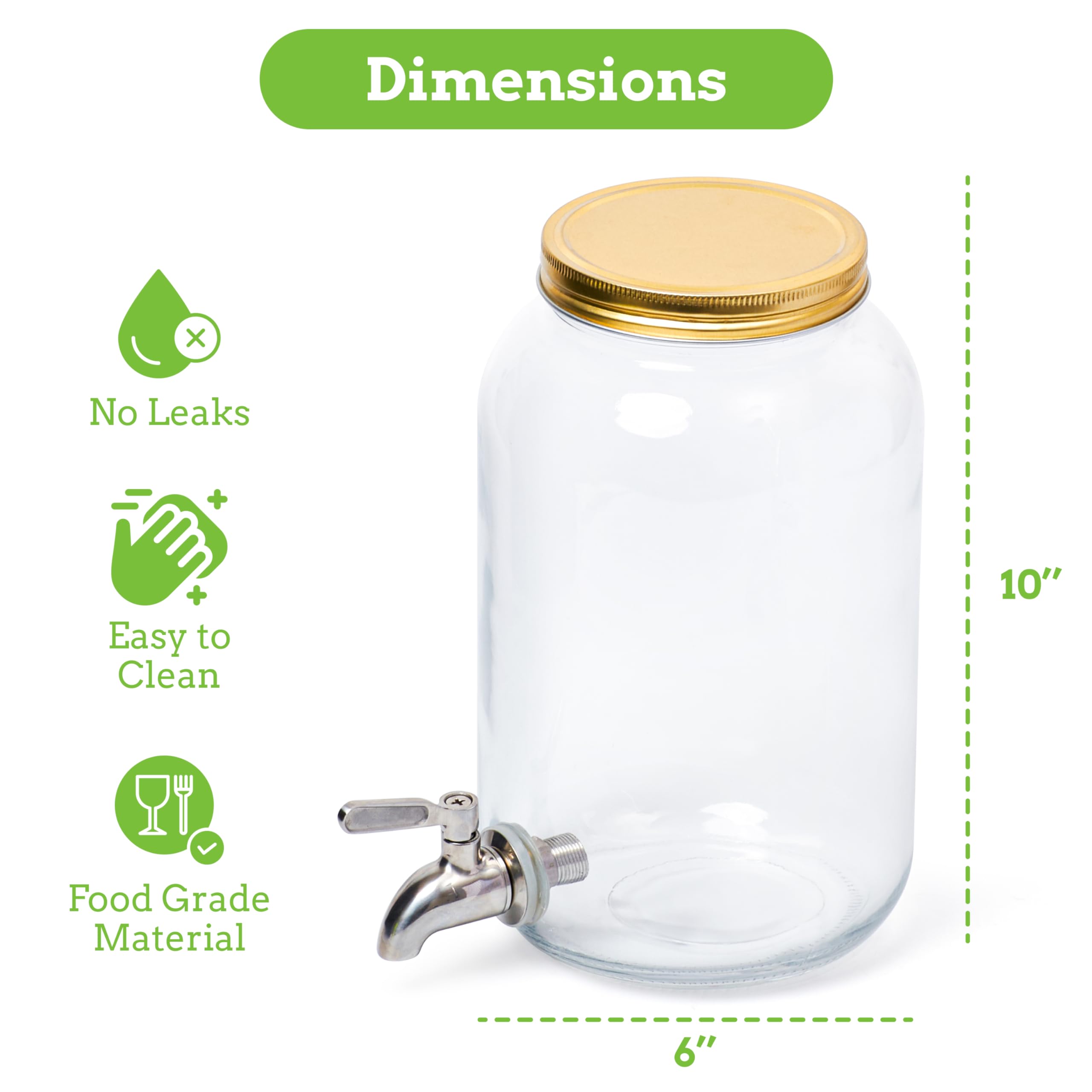 1 Gallon Kombucha Glass Beverage Dispenser with Spigot - Wide-Mouth - Glass Drink Dispenser Parties & Home Use and Lid for Juice, Wine, and Cold Drinks - Punch Dispenser - 10"x6"x6"