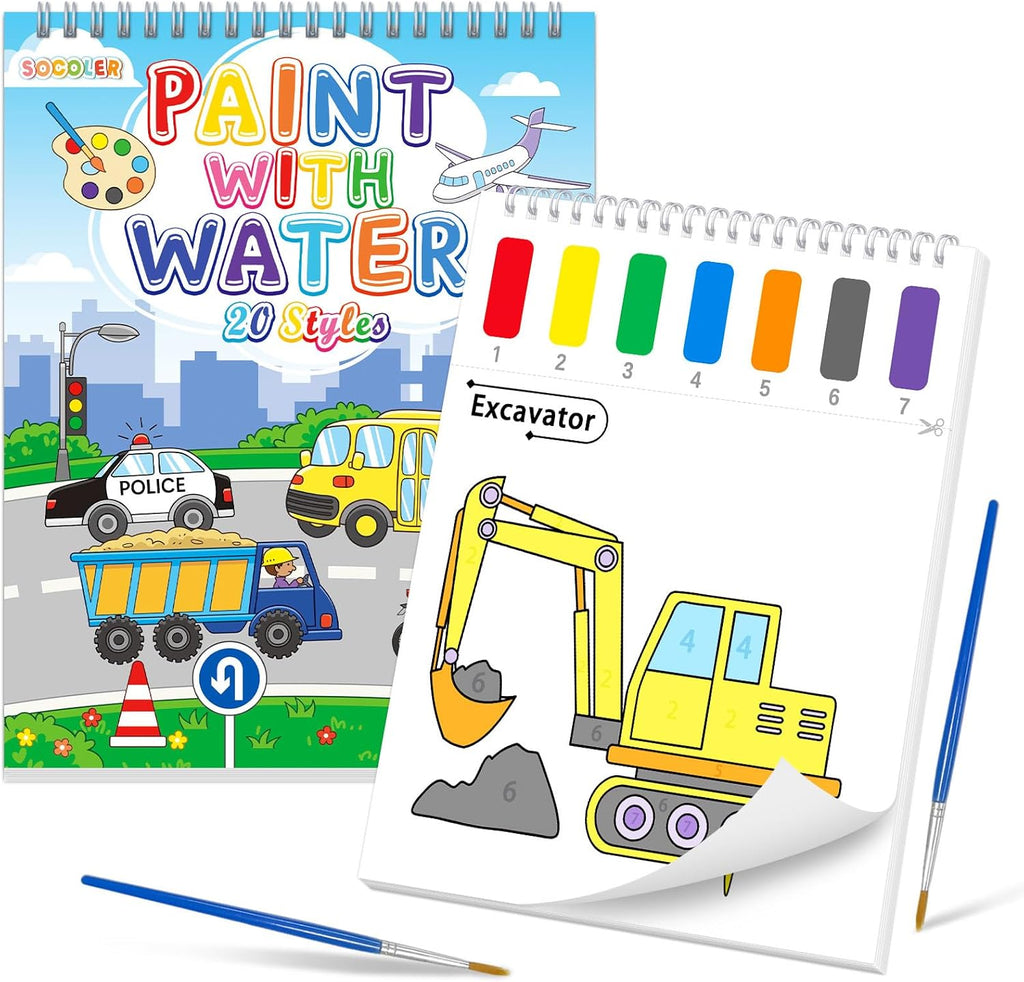 SOCOLER Watercolor Painting Kit - Mess-Free Traffic Theme Art Books for Toddlers Ages 1-8