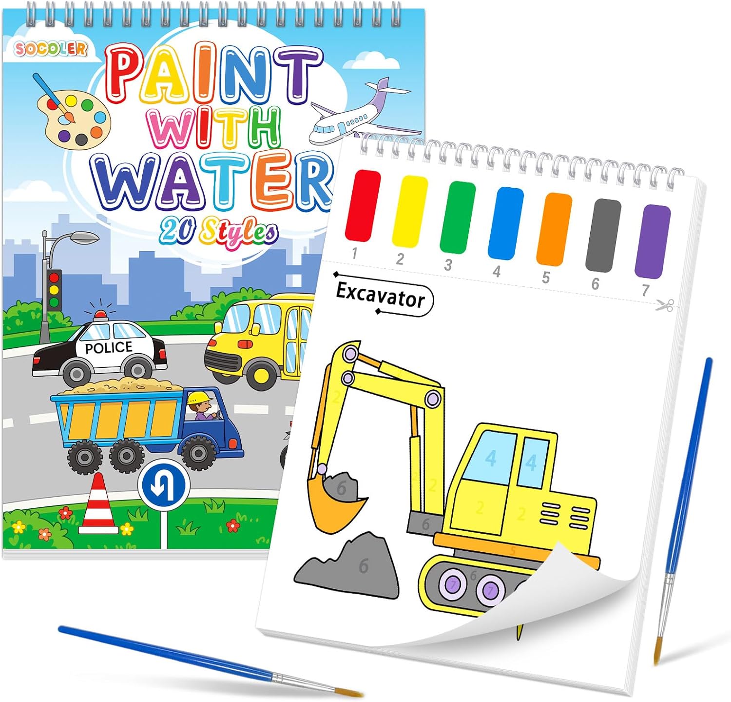 SOCOLER Watercolor Painting Kit - Mess-Free Traffic Theme Art Books for Toddlers Ages 1-8