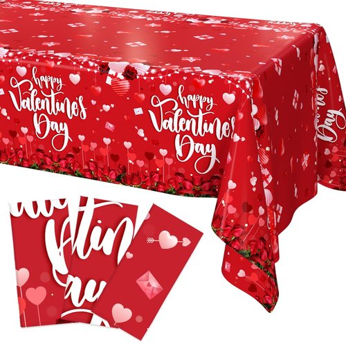 AIBIIN 3 Pieces Red Valentines Day Tablecloth Flower Happy Valentine's Day Decorations Disposable Party Supplies Valentines Day Party Plastic Table Cloth Disposable Table Covers 108 x 54 Inch