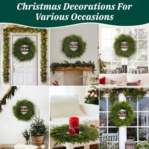 26 Inch Winter Wreaths for Front Door: Large Real Touch Norfolk Pine Wreath with Welcome Sign - Christmas Artificial Green Wreath for Farmhouse Porch Windows Wall Table Indoor Outdoor Home Decor