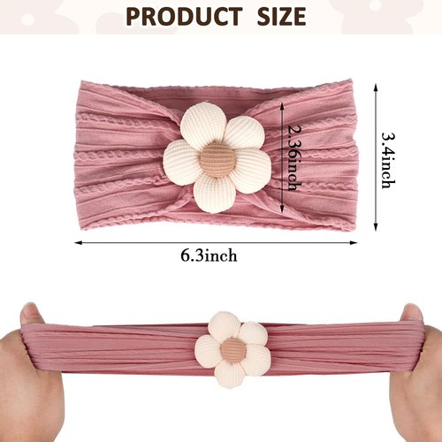 MIUXUESO Baby Flower Headbands - Soft Nylon Hair Accessories for Newborns & Toddlers | 3 Pcs Set (Yellow, Pink, Brown)